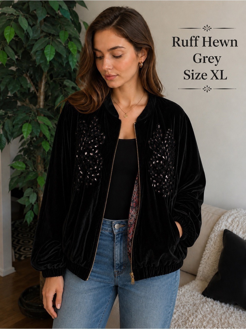 Ruff Hewn Grey Black Velvet Embellished Bomber Jacket Size XLarge